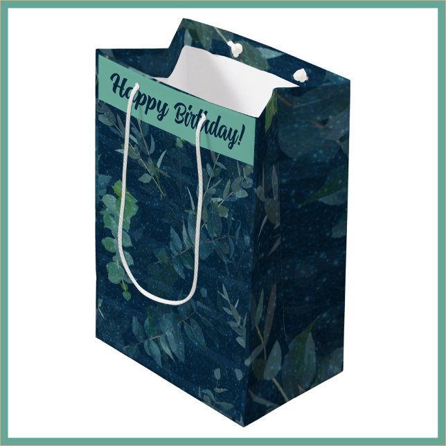 Pretty Dark Blue & Teal Green Leaves Birthday Medium Gift Bag (Creator Uploaded)