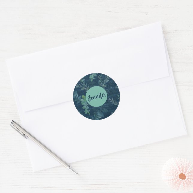 Pretty Dark Blue & Teal Green Leaves Classic Round Sticker (Envelope)