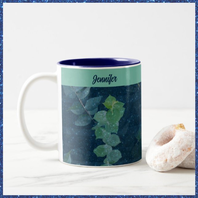 Pretty Dark Blue & Teal Green Leaves Two-Tone Coffee Mug (Creator Uploaded)