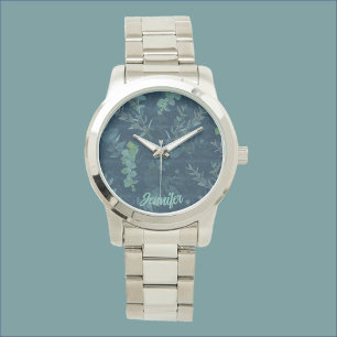 Pretty Dark Blue Teal Green Leaves Watch