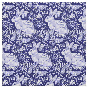 Pretty Dark Blue & White Rabbit Bird Dedham Delft Fabric