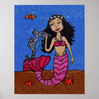 Pretty Dark Haired Mermaid Seahorse Fish
