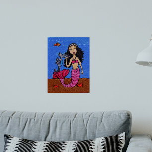 Pretty Dark Haired Mermaid Seahorse Fish Poster