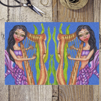 Pretty Dark Haired Purple Mermaid Harp Ocean Tissue Paper
