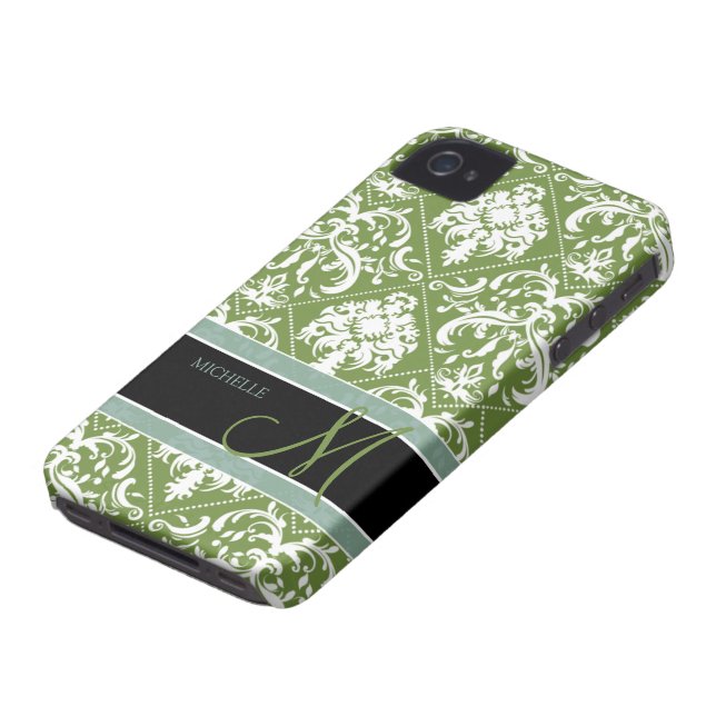 Pretty Dark Olive Green & white damask w/ monogram Case-Mate iPhone Case (Bottom)