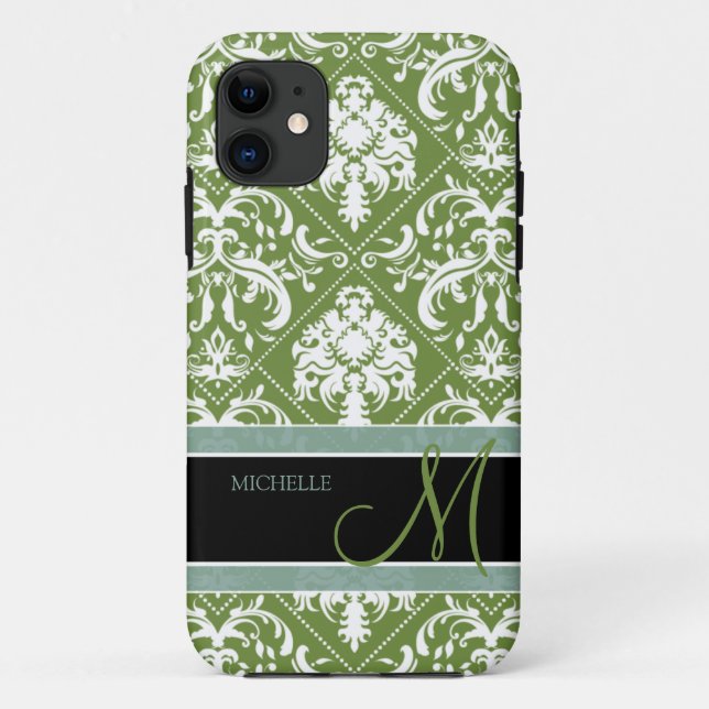 Pretty Dark Olive Green & white damask w/ monogram Case-Mate iPhone Case (Back)