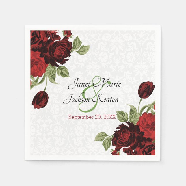 Pretty Dark Red  Floral Wedding Napkin (Front)