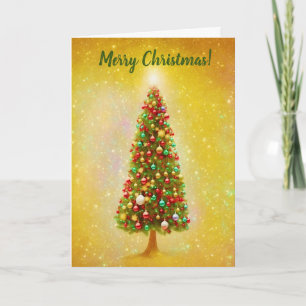 Pretty Decorated Christmas Tree Gold Light Holiday Card
