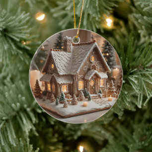 Pretty decorated gingerbread house ceramic tree decoration