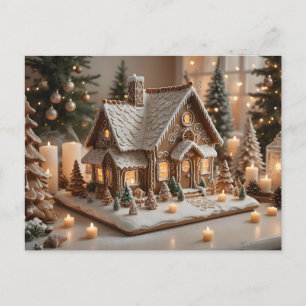 Pretty decorated gingerbread house holiday postcard