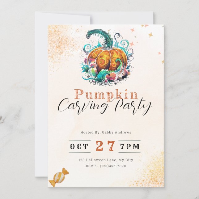 Pretty Decorated Orange Pumpkin Carving Party Invitation (Front)