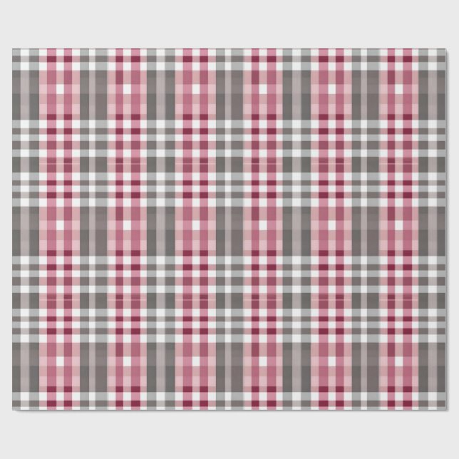 Pretty Deep Pink and Grey Fun Plaid Wrapping Paper (Flat)
