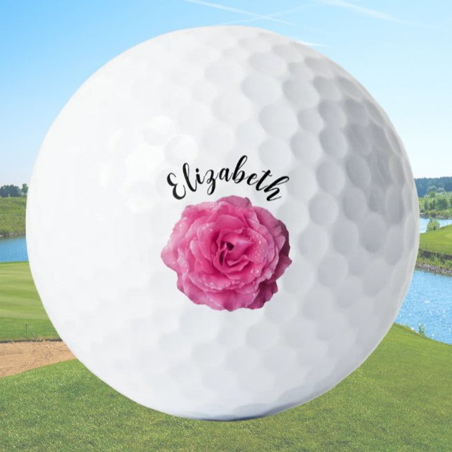 Pretty deep pink rose flower custom name ladies golf balls (Creator Uploaded)