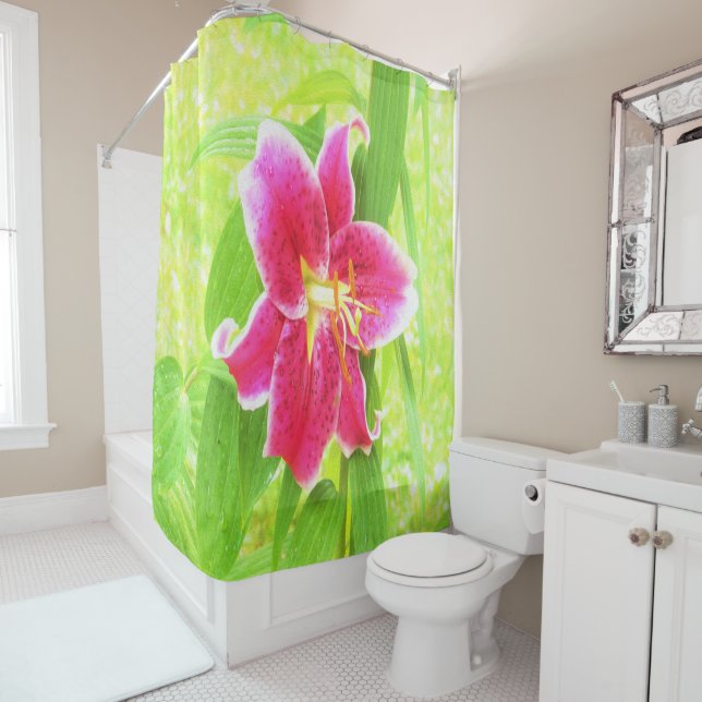 Pretty Deep Pink Stargazer Lily on Lime Green Shower Curtain (In Situ)