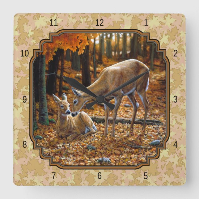 Pretty Deer and Fawn Autumn Leaves Square Wall Clock (Front)
