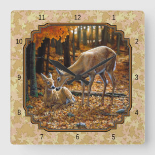 Pretty Deer and Fawn Autumn Leaves Square Wall Clock