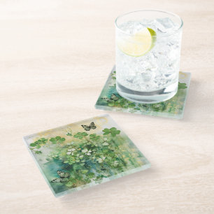 PRETTY DELICATE IRISH SHAMROCKS & BUTTERFLIES GLASS COASTER