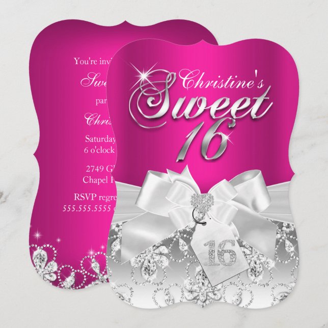 Pretty Diamond Bow Hot Pink Sweet 16 Invitation (Front/Back)
