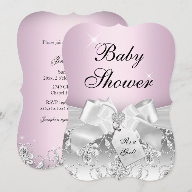 Pretty Diamond Bow Light Pink Baby Shower Invite (Front/Back)