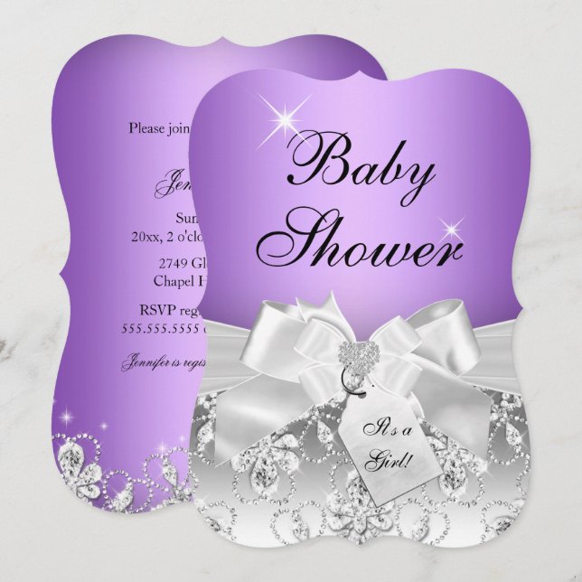 Pretty Diamond Bow Purple Baby Shower Invite (Front/Back)