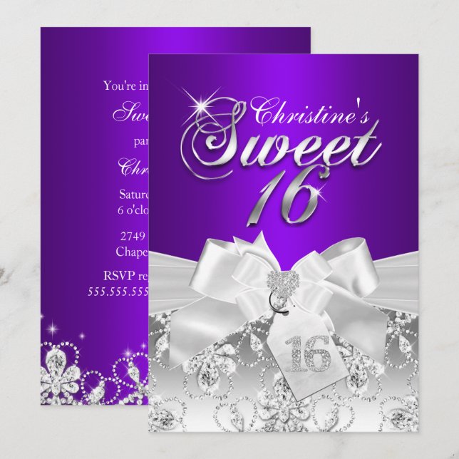 Pretty Diamond Bow Purple Sweet 16 Invite (Front/Back)