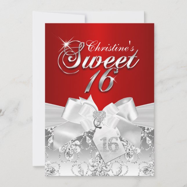 Pretty Diamond Bow Red Sweet 16 Invite (Front)