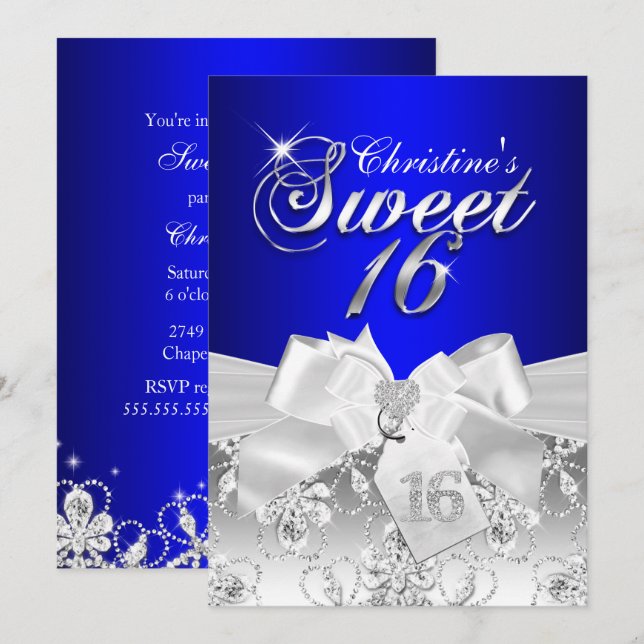 Pretty Diamond Bow Royal Blue Sweet 16 Invite (Front/Back)
