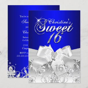 Pretty Diamond Bow Royal Blue Sweet 16 Invite