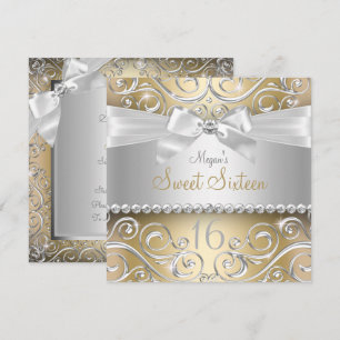 Pretty Diamond bow & Sparkle Swirl Gold Sweet 16 Invitation