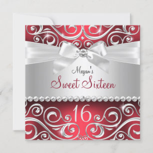 Pretty Diamond bow & Sparkle Swirl Red Sweet 16 Invitation