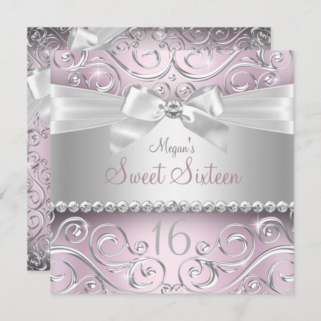 Pretty Diamond bow & Sparkle Swirl Sweet Sixteen Invitation (Front/Back)