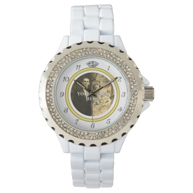 Pretty Diamond Wedding Ring with Photo on White Watch (Front)