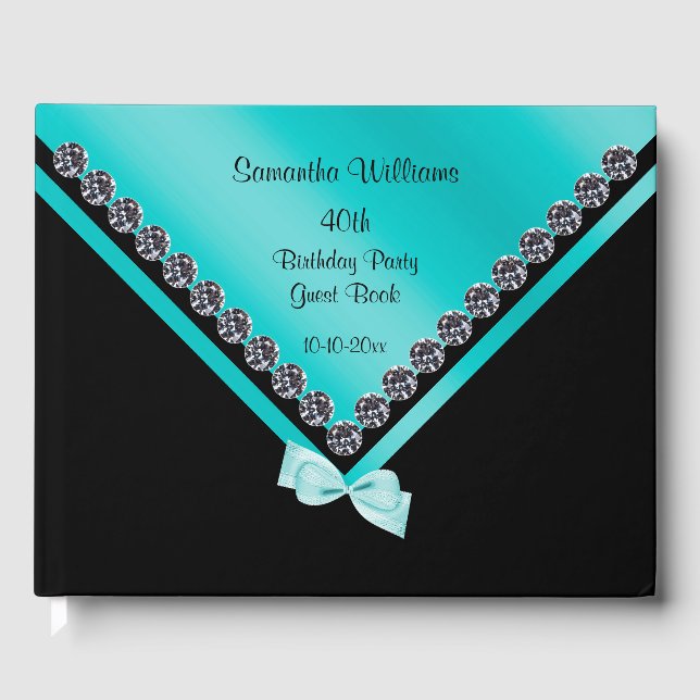 Pretty Diamonds & Teal Bow 40th Birthday Guest Book (Front)