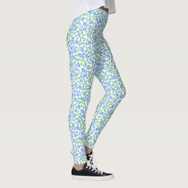 Pretty Ditsy Blue Green White Periwinkle Floral Leggings (Right)
