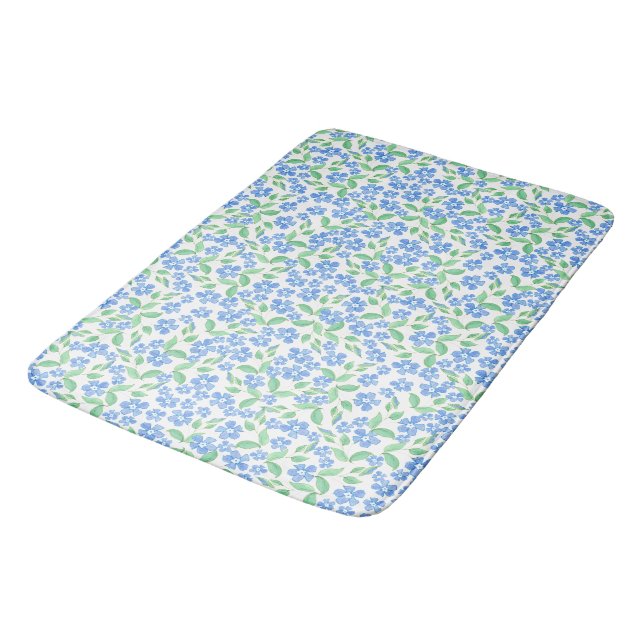Pretty Ditsy Blue Green White Periwinkle Flowers Bath Mat (Angled)