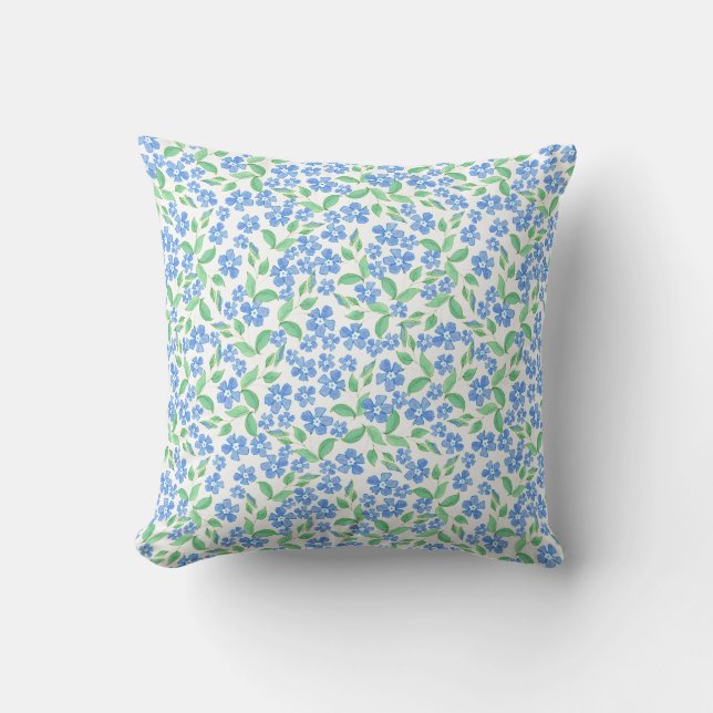 Pretty Ditsy Blue Green White Periwinkle Flowers Cushion (Front)