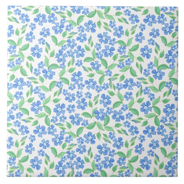 Pretty Ditsy Blue Green White Periwinkle Flowers Tile (Front)