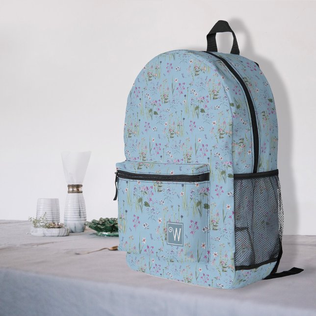 Pretty Ditsy FLoral Blue Pattern Monogram Girl Printed Backpack (Pretty ditsy floral chic simple floral light blue monogram, a cute printed backpack for girl, ladies)