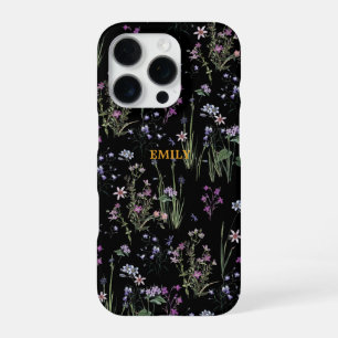 Pretty Ditsy Floral Pattern Black Violet iPhone 16 Pro Case