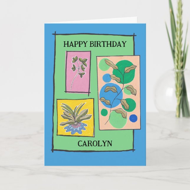 Pretty doodle art 3 plants, birthday, personalised card (Front)