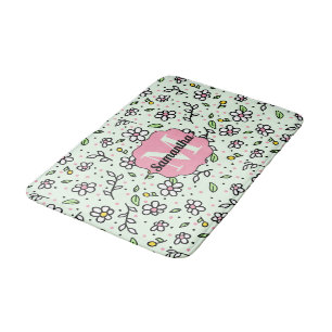 Pretty Doodle Daisy Flowers Cute Pattern Monogram Bath Mat