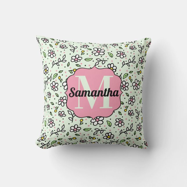 Pretty Doodle Daisy Flowers Cute Pattern Monogram Cushion (Front)