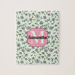 Pretty Doodle Daisy Flowers Cute Pattern Monogram Jigsaw Puzzle