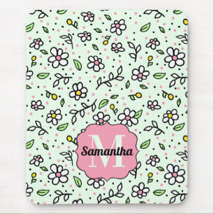 Pretty Doodle Daisy Flowers Cute Pattern Monogram Mouse Mat