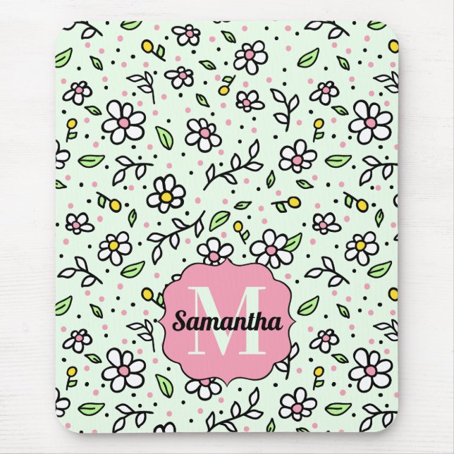 Pretty Doodle Daisy Flowers Cute Pattern Monogram Mouse Mat (Front)