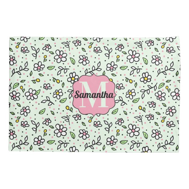 Pretty Doodle Daisy Flowers Cute Pattern Monogram Pillowcase (Back)