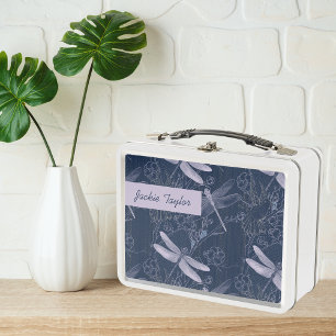 Pretty Dragonflies on Navy Custom Metal Lunch Box