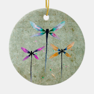 Pretty dragonflies watercolor rustic ceramic tree decoration