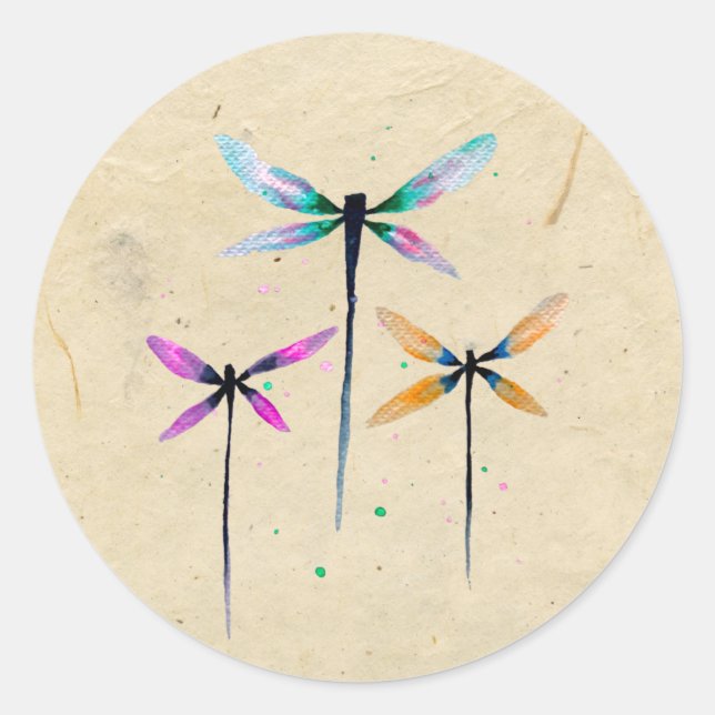 Pretty dragonflies watercolor rustic classic round sticker (Front)