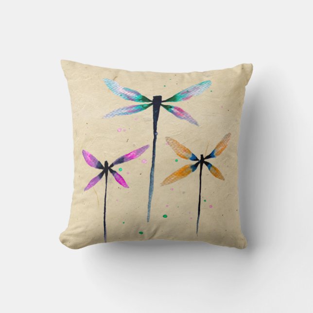 Pretty dragonflies watercolor rustic cushion (Front)